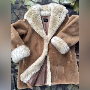 Women's Tan Faux Fur Coat with light animal print detail in the cream fur